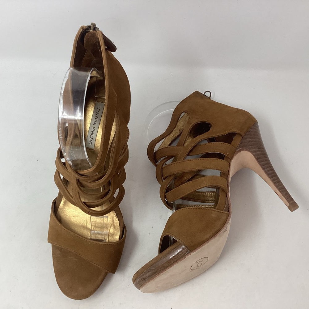 Cynthia Vincent Caramel Soft Leather Caged Pointed Toe Open Toe Heels Size 9